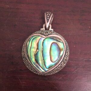 Green and Blue Abalone Heart Necklace with Intricate Metalwork